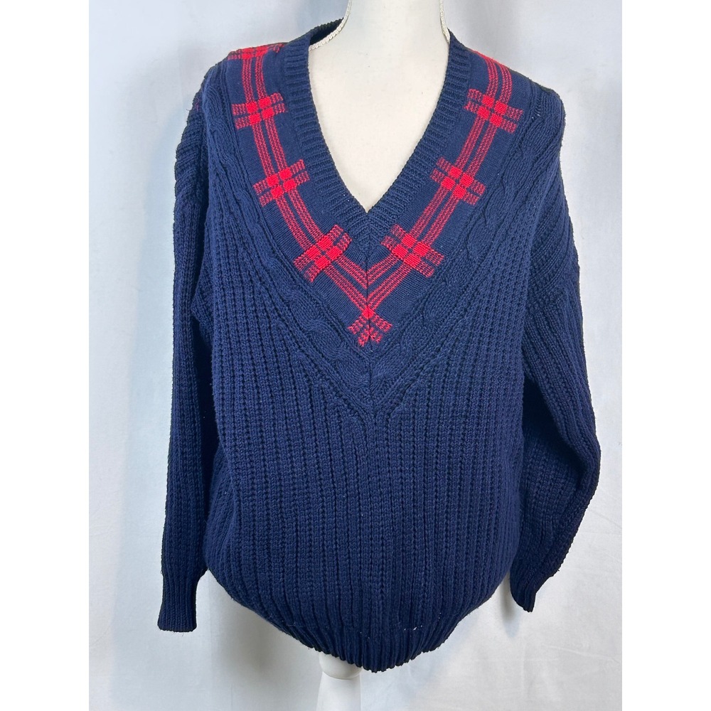 Erika Classics Womens Navy Blue Red Plaid V-Neck Chunky Knit Sweater Large